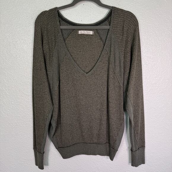 Free People Tops - Free People Santa Clara Thermal Top Women Small Oversize Waffle Knit Vneck Green